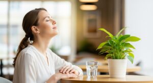 カフェのような休憩スペースで、一人の社員が静かに深呼吸をしている。横には緑の植物と水の入ったグラス。安らぎとセルフケアを表す構図。静けさと落ち着きを重視した写真。
