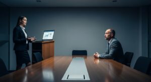 プレゼン面接中、応募者が一生懸命話しているが、 面接官が首をかしげているシーン。 「伝わらない」「反応が薄い」場面を象徴的に描写。 会議室の中、明るさ控えめ。フォトリアル構図。