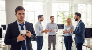 コーヒーカップを持ちながら、会話中に困ったような表情を浮かべるビジネスパーソン。 周囲には同僚たちが談笑しており、少し孤立した印象。