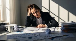 書類に囲まれ真剣に作業するビジネスパーソン。焦りや迷いの表情。