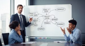 オフィスの会議室で、ホワイトボードに抽象的なメモ（「いい感じに」「あとで調整」など）を書き込む上司と、理解しようとする部下。 すれ違うコミュニケーションの象徴。 灰色がかった背景、分析的で冷静なトーン、フォトリアル