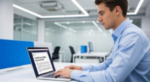 ビジネスメールを打つ若手社員。 画面に「ご教示いただけますでしょうか」と書かれた下書き。 明るいオフィス照明、真剣な表情。 「丁寧に情報を尋ねる」ビジネスマナーを表現。 清潔感のある白×ブルー基調、フォトリアル、