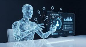 デジタルな人型AIが机の上で複数のホログラムツールを操作している様子。 画面には“API連携”や“自動タスク実行”などの浮かぶUI。 AIが人のアシスタントとして行動する様子をシンボリックに表現。 白とブルーの光、知的で先進的な雰囲気、