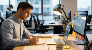 明るいデスクで、新人社員がノートパソコンとノートを開きながら熱心にメモを取っている。
