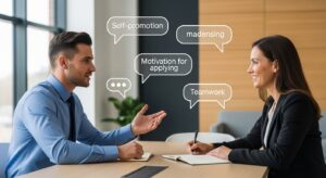 面接室のテーブル越しに、候補者と面接官が対話している構図。候補者は自信を持って話し、面接官が微笑みながらメモを取る。背景には吹き出しで「自己PR」「志望動機」「チームワーク」などの文字が浮かぶ。明るい照明と温かみのある雰囲気。フォトリアル、