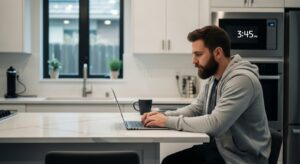 在宅で働く人たちの多様な働き方を表現。リビングやカフェでノートPCを使う男女、柔軟な時間管理を示す時計やカレンダーのモチーフ。背景には未来感あるデジタルネットワークが広がる。青と白基調の清潔感あるビジュアル。フォトリアル、