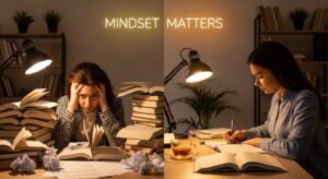 2人の人物:1人は焦った表情で大量の技術書に囲まれ、もう1人は落ち着いてメモを取りながら学ぶ。違いを対比する構図。「マインドセット」が成果を分けることを象徴。温かい光、オフィスまたは自宅学習環境、フォトリアル、