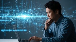 ノートパソコンの前で考え込む30代の日本人エンジニア。背景にはAIを象徴する光るデータストリームやコードのライン。顔には不安と決意の混ざった表情。未来の変化を象徴する青と白の光のコントラスト。フォトリアル、