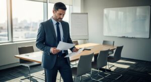 会議室の片隅で、伝えるかどうか迷いながら考え込むビジネスパーソン。手には資料を持ち、表情には葛藤と誠実さが滲む。柔らかい自然光が差し込むオフィス。落ち着いた色味、フォトリアル、