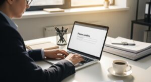 ノートパソコンでビジネスメールを丁寧に作成するビジネスパーソンの手元。画面には「ご査収ください」と書かれたメール文が表示されている。机の上には書類・ペン・コーヒーが整然と置かれ、柔らかい日差しが差し込むオフィス。フォトリアル、清潔感