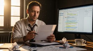 デスクで資料を見つめながら、細部を修正しようとして疲れた表情のビジネスパーソン。PCモニターには同じ資料を繰り返し編集している様子。背景に散らかった書類とコーヒーカップ。やや疲労気味の雰囲気だが、光が差し込む希望のあるトーン。フォトリアル、