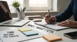 静かなオフィスの朝、ノートPCを閉じてまずノートに「Who / What / CTA」を大きく書き出すビジネスパーソン。手元にはペン、付箋、最小限の資料。窓から自然光、デスクは整然。資料は“作る前に考える”を象徴。フォトリアル、16:9、クリーントーン。