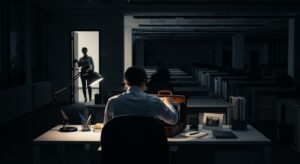 オフィスの夜、デスクの明かりがぽつんと一つだけ点いている。背中を向けて荷物をまとめるビジネスパーソン、同僚が遠くから見送る静かな構図。去っていく才能と残された職場の対比。フォトリアル、16:9、シネマティックな照明。