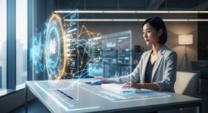 オフィスのデスクで働くビジネスパーソン。背後ではAIのホログラムが人の手助けをするように光のラインで業務を自動処理している。 画面にはデータ分析やSlack風チャットのUIが浮かび上がり、明るい未来的な雰囲気。 フォトリアル / 自然光 / 近未来的トーン(白×青×金) / 構図は16:9。