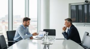 ミーティングルームで、若手社員が上司へ業務報告をしている。ノートパソコンを見ながら真剣に説明する姿。上司は頷きながら聞いている。明るい自然光の会議室で、協力と信頼を象徴する構図。フォトリアル。