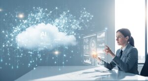 近未来のオフィス。 デスクに座るビジネスパーソンが、透明なホログラムUIを操作しながらAIと対話している。 背景にはクラウド状に浮かぶAIネットワークとデジタルデータが流れる。 「AI × 業務効率化 × 革新」を象徴する明るく未来的な雰囲気。 キーワード: フォトリアル, 自然光, クリーン, 白と青を基調, 希望的トーン。