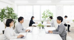 明るい日本のオフィス。複数の社員が自然な距離感で会話しながら働いている。柔らかな自然光が差し込み、観葉植物やノートPCが並ぶ清潔な空間。笑顔や安心感、信頼を感じさせる雰囲気。ストレスのない職場環境の象徴として、穏やかな関係性を表現。