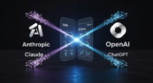 2つのAIモデルを対比する構図。 左にClaude（Anthropicロゴ）、右にChatGPT（OpenAIロゴ）。 中央でデータフローが交差し、「Skills」と「Actions」を象徴するホログラムUIが浮かぶ。 キーワード: 比較, AIテクノロジー, ネットワーク構造, 光のライン, シンメトリー構図。