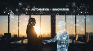 夜明けの光が差し込むオフィス。 ビジネスパーソンがAIホログラム（Claude）と握手しており、背景には光のネットワークで結ばれたツール群（Slack, CRM, Excelなど）。 空には「AI × Automation × Innovation」の光の文字が浮かぶ。 「希望」「成長」「共創」を感じさせる締めのビジュアル。 キーワード: フォトリアル, 希望的トーン, コラボレーション, 自動化, ビジネス成功, 光のライン。