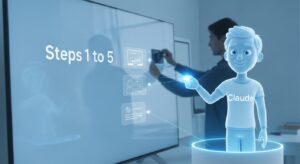 ホワイトボードやデジタル画面に「Step1〜Step5」が並ぶ構成。 背景で人物がAI設定を進める姿。 Claudeのホログラムがステップごとにユーザーを導いている。 キーワード: 5 steps guide, beginner-friendly, AI setup, Claude hologram, instructional, photoreal, pastel blue and white.