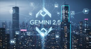 未来都市の空間に、青白く輝く「Gemini 2.5」のロゴ型ホログラムが浮かび上がる。 背景にはAIネットワークやデータストリームが放射状に広がり、 テキスト・画像・音声・動画を象徴するアイコンが融合している。 キーワード: Gemini 2.5, multimodal AI, data fusion, innovation, photoreal CG, light beam effect, DeepMind technology.