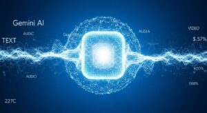 巨大なデータネットワークの中央に、輝く球体AIコアが浮かぶ。 テキスト・音声・映像・データが光の軌跡で融合し、 AIがスポーツ映像・実況・統計を同時に理解している様子を抽象的に表現。 背景はGoogle DeepMind風のディープブルーグラデーション。 キーワード: Gemini AI, multimodal data, DeepMind technology, futuristic data fusion, neural light sphere, photoreal CG, blue glow.