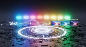 巨大なAIコアの中心で、光の流れがテキストから画像へと変換される様子。 「文字」→「絵」→「完成したビジュアル」が連続する光の軌跡でつながっている。 背景にはGoogleのカラーを反映した光のグラデーション。 キーワード: AI core, text-to-image transformation, data stream of light, futuristic digital art, photoreal neural visualization.