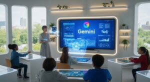 明るい近未来の教室。 黒板の代わりに大型のホログラフィックスクリーンがあり、Geminiのロゴと学習データが浮かび上がる。 教師がAIの支援を受けながら授業を進めている。 キーワード: futuristic classroom, AI-assisted teaching, holographic board, Gemini logo glowing, photoreal modern education, teamwork between teacher and AI.