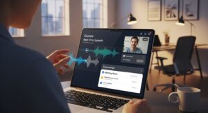 A businessperson speaking to a laptop or smartphone while Gemini’s AI interface visualizes real-time transcription and task notes. The screen displays voice waveforms and summarized meeting notes. The background shows a modern workspace with calm lighting. Style: photoreal, cinematic lighting, productivity-focused, Google aesthetic.