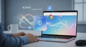 A person sitting at a modern workspace, browsing the web on a laptop displaying the Google Chrome interface with a glowing Gemini AI assistant panel on the side. Abstract digital light trails and floating icons for summarization, writing, and search surround the screen, symbolizing “AI-integrated browsing.” The environment is bright, minimalist, and futuristic, evoking Google’s clean design aesthetic with soft gradients of blue, white, and rainbow light. Style: photorealistic, cinematic lighting, high-tech yet approachable, modern creative composition.