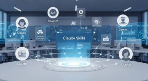 A futuristic digital workspace showing multiple AI assistants — Claude, ChatGPT, Gemini, and Copilot — represented as glowing holographic interfaces around a central digital hub labeled “Claude Skills.” The Claude Skills interface emits a distinct blue-white glow, symbolizing intelligence and orchestration. Floating icons depict APIs, workflow automation, and data integration, connected by luminous network lines. The background features a sleek office environment with transparent screens and AI data streams, conveying innovation, comparison, and collaboration between advanced AI systems. Style: cinematic realism, Google/Anthropic-inspired design aesthetic, clean white and blue palette with subtle motion blur, futuristic yet professional mood.