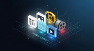 A glowing 3D vector space grid with multiple colored icons — a text block, a photo, a waveform, and a video reel — positioned close together, showing how AI aligns different data types in one space. Style: educational infographic look, isometric perspective, neon blue lines, clear data visualization.