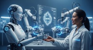 A futuristic humanoid robot interacting naturally with a human engineer in a high-tech lab. Holographic data, Google Gemini logo-like glowing patterns, and robotic arms working in the background. The scene radiates innovation and trust, symbolizing AI-human collaboration. Style: cinematic, photorealistic, cool blue and silver tones, soft light reflections