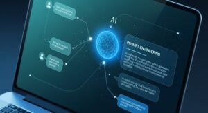 A close-up of a laptop screen showing a glowing conversation flow between a user and an AI model. The AI text appears structured and thoughtful, emphasizing “Prompt Engineering.” Style: isometric digital composition, futuristic UI, teal-blue tone.