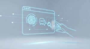 A glowing holographic browser window floating in the air, where AI icons (brain, chat bubble, search magnifier) are integrated directly into the browser frame. A user interacts with it via gestures, showing that AI is built into the browser core. Style: minimal tech aesthetic, white background with blue light lines.