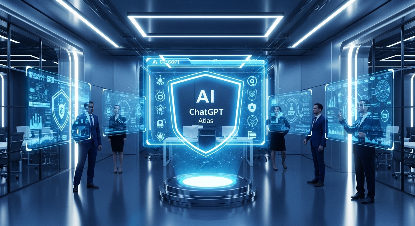 A futuristic corporate office illuminated by cool blue and white light, with a glowing AI interface labeled “ChatGPT Atlas” hovering in the air. Business professionals observe holographic data shields and secure network grids representing data protection and privacy. Style: cinematic, photorealistic, metallic blue palette, evokes trust, innovation, and security.