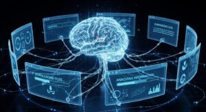 A glowing AI brain connected by neural data links to multiple floating browser windows. Each window shows different actions: searching, summarizing, downloading, analyzing. Style: cybernetic concept art, neural-network motif, blue and silver glow.