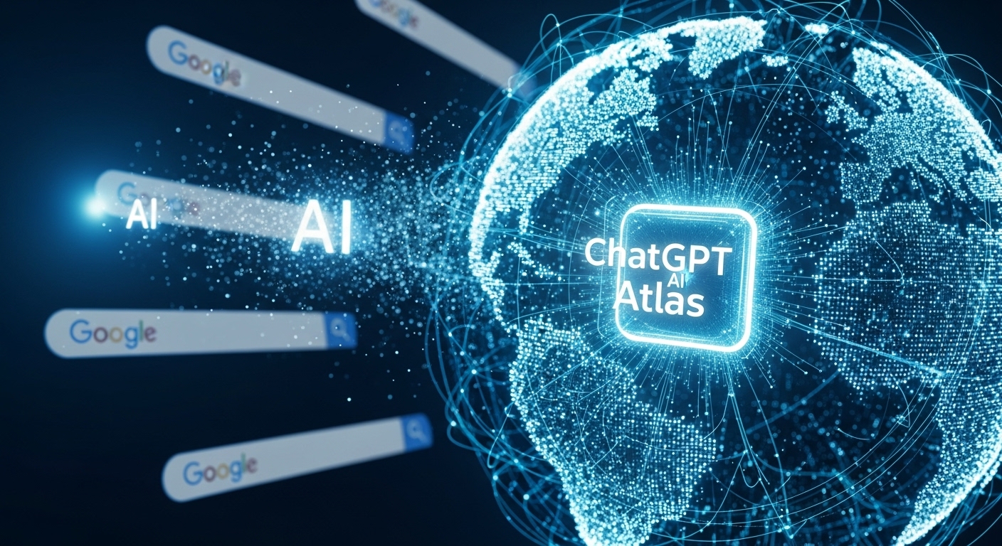 A futuristic digital globe with glowing data streams symbolizing global search connections. The words “ChatGPT Atlas” appear as a luminous AI core emerging from the web. The background shows fading Google search bars dissolving into AI light. Style: cinematic, high-tech, blue-cyan and white palette, sense of transformation.