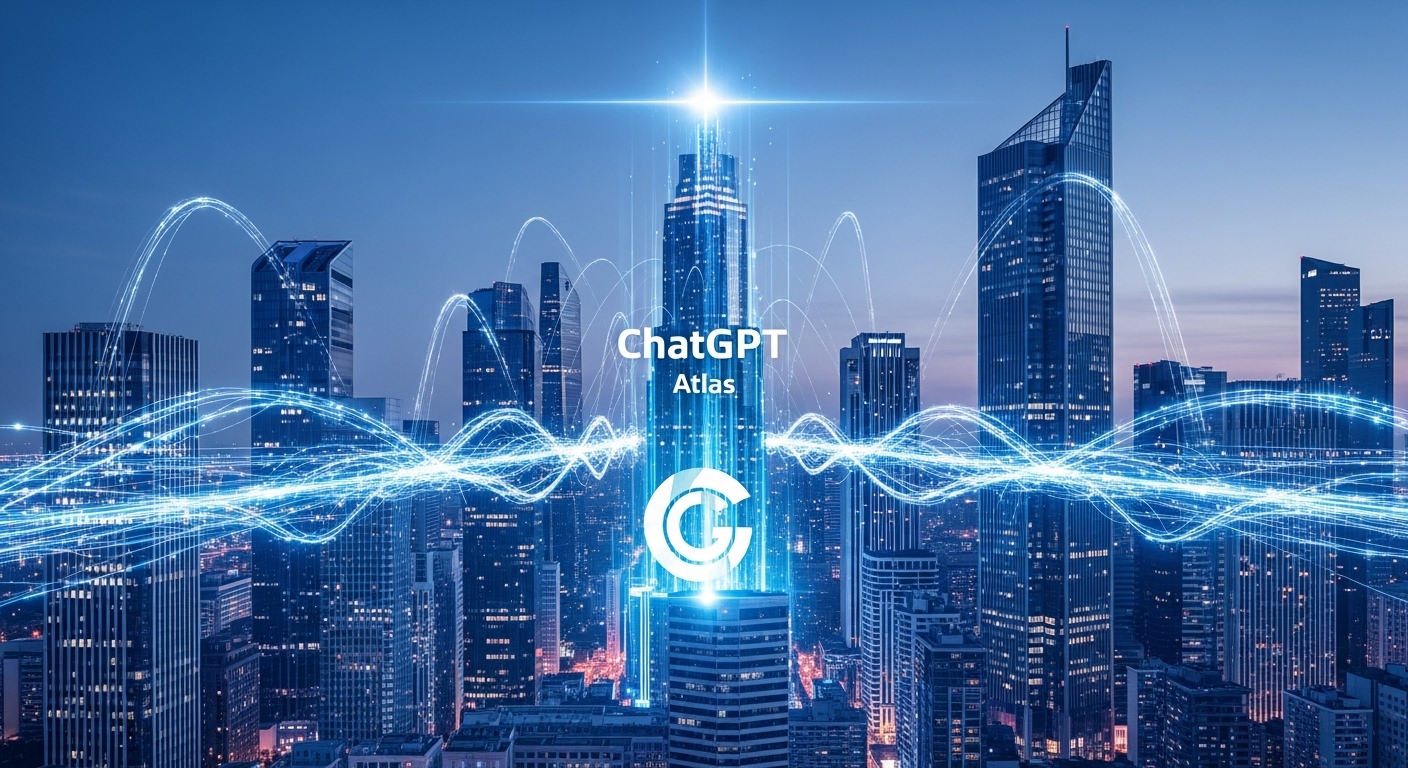 A futuristic office skyline connected by glowing AI data streams, representing digital transformation (DX). In the center, a bright holographic “ChatGPT Atlas” logo radiates over buildings. Style: photorealistic, corporate tone, blue & silver color palette, elegant lighting.
