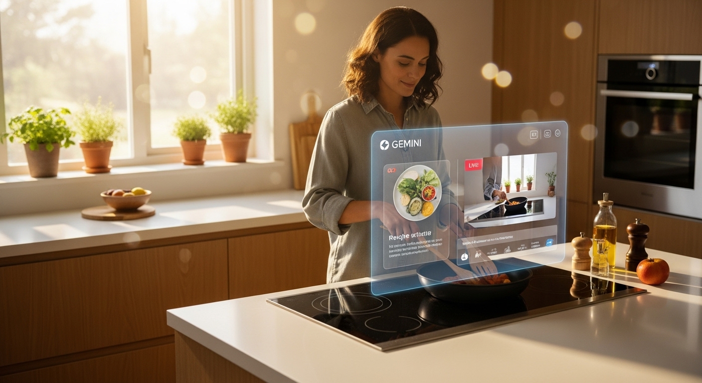 A bright modern kitchen with sunlight streaming in, where a person is cooking while a holographic AI interface labeled “Gemini” assists with recipe suggestions and video recording. The scene conveys warmth, creativity, and technology working together. Style: photorealistic, cozy natural lighting, warm tones, soft bokeh.