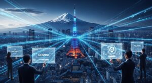 A futuristic Japan skyline blending tradition and innovation — Mount Fuji in the distance, Tokyo Tower glowing in neon blue, and streams of digital data flowing through the city like light trails. In the foreground, business professionals and engineers interact with holographic AI interfaces showing “ChatGPT,” “Gemini,” and “Claude.” The atmosphere represents Japan entering the AI era with confidence and ambition. Style: cinematic, ultra-detailed, high dynamic range lighting, cool tones with hints of gold. Keywords: Japan, AI technology, business innovation, generative AI, Tokyo skyline, hologram, digital transformation, DX, future Japan.