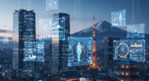 A futuristic Tokyo skyline blending technology and tradition — glowing skyscrapers with digital data streams, Mount Fuji in the background, and holographic AI interfaces floating over business districts. The composition represents Japan’s transformation through generative AI. Style: cinematic, high-resolution, cool-toned with hints of neon blue and gold.