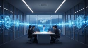 A modern Japanese corporate office at dawn, where digital holograms of AI networks and data streams flow through glass walls. In the center, a glowing “ChatGPT Atlas” interface projects above a conference table, surrounded by business leaders discussing its implementation — symbolizing both innovation and uncertainty. The scene captures the tension between ambition and caution in adopting AI technology. Style: cinematic realism, clean modern architecture, soft morning light, corporate blue and gold accents.
