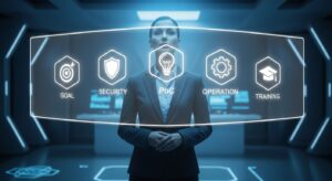 A confident project manager standing in front of a holographic board showing five glowing icons: “Goal,” “Security,” “PoC,” “Operation,” and “Training.” The AI interface illuminates the room, representing strategic planning and structured implementation. Style: clean corporate sci-fi, soft white and blue light, inspiring tone.