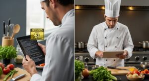 A triptych (three-panel layout) showing: Left: A chef using AI to generate a recipe. Center: A marketer creating social media content with AI. Right: A teacher using AI on a classroom tablet. Each panel subtly shows caution signs or © marks as overlays. Style: photorealistic composite, soft warm lighting, educational tone.