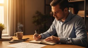 デスクに座り、ノートに自分の気持ちを丁寧に書き出す社会人。 周囲にはペン、コーヒー、静かな朝の光。 ジャーナリング・マインドマップなど思考整理の場面。 温かいトーンのフォトリアル写真で内省を表現。