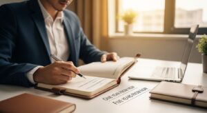 ノートを開き、将来の目標を書き込む社会人。 ページには「1年後」「5年後」などの見出し。 手帳やパソコン、静かなオフィスの机上に柔らかな朝日。 「道筋を描く」イメージをフォトリアルに。