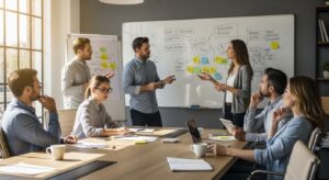 会議室でホワイトボードを見ながら話し合うチーム。 一人の社員が他メンバーの発言をサポートするようにメモを取っている。 協力と信頼、チーム生産性の高さを感じさせるフォトリアル構図。