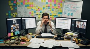忙しそうに複数のタスクをこなす社会人。 メール、電話、資料、複数画面を同時に扱い混乱する様子。 背景に散らかったデスクと乱雑な付箋。 「非効率な習慣」を象徴するフォトリアル構図。