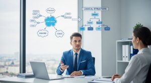 透明なマインドマップや論理構造図が頭上に浮かぶビジネスパーソン。冷静に説明する姿勢で、聞き手がうなずいている。整然としたオフィス空間と整理された思考を対比的に表現。ブルー＆ホワイト基調、フォトリアル、